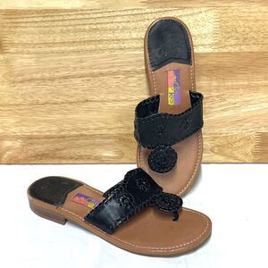Y2K Hot Cakes Black Leather Whipstitch Toe Ring Sandals Womens 7